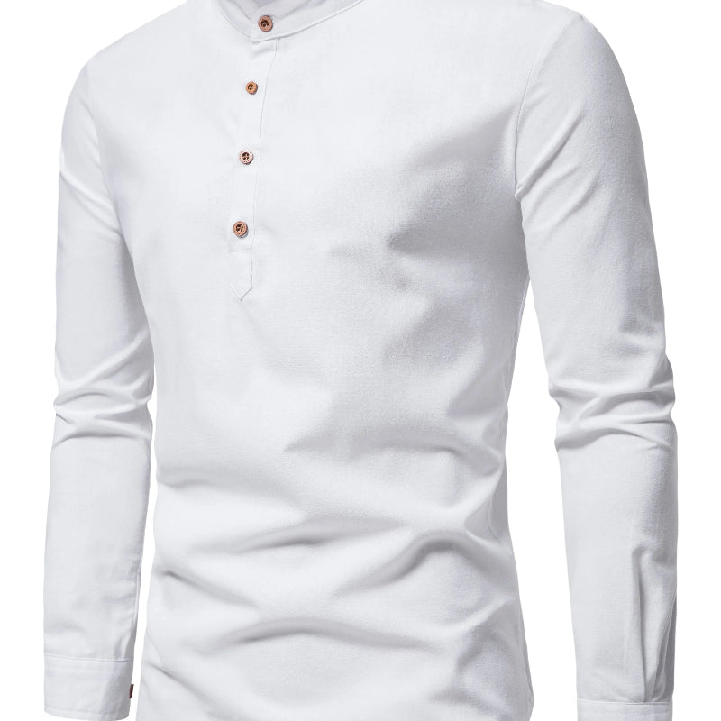 Men’s Long Sleeve Mandarin Collar Button Shirt with Multiple Color Options