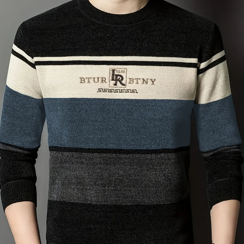 BTUR R BTNY Men’s Striped Knitted Pullover Sweater with Embroidered Chest Detail & Crew Neck