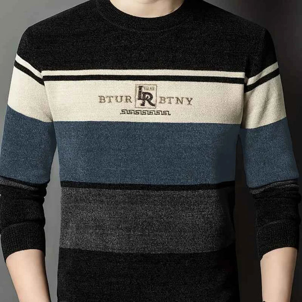 BTUR R BTNY Men’s Striped Knitted Pullover Sweater with Embroidered Chest Detail & Crew Neck