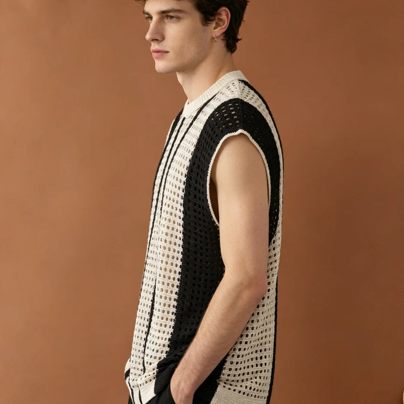 Men’s Striped Open-Knit Sleeveless Sweater Vest with Crew Neck