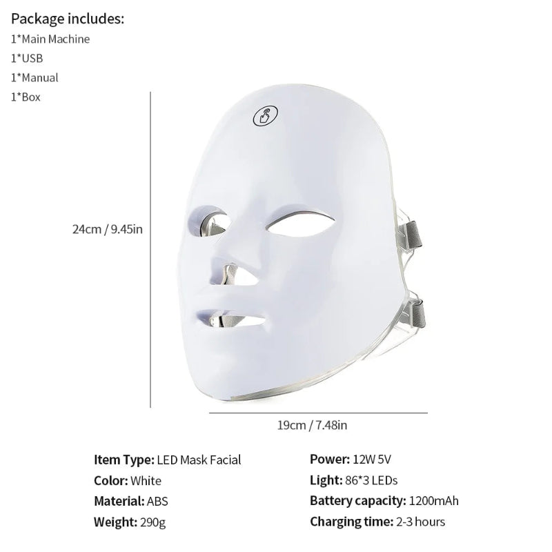 7-Color LED Facial Mask with Neck Light Therapy Mask – Wireless Rechargeable Skin Rejuvenation Beauty Device