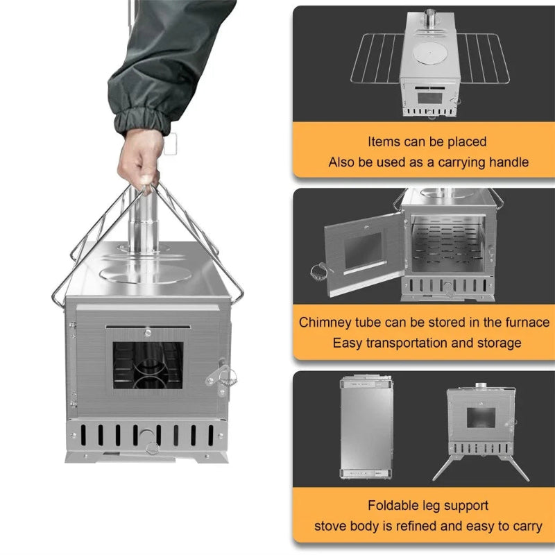 UNHO Hot Tent Wood Burning Stove Portable Camping Stove with 6 Stainless Steel Chimney Pipes for Outdoor Heating & Cooking