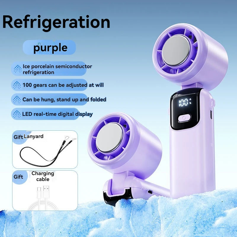 100-Speed Handheld Cooling Fan with LED Display, Folding Stand & Neck-Hanging Design