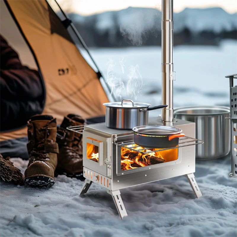 UNHO Hot Tent Wood Burning Stove Portable Camping Stove with 6 Stainless Steel Chimney Pipes for Outdoor Heating & Cooking