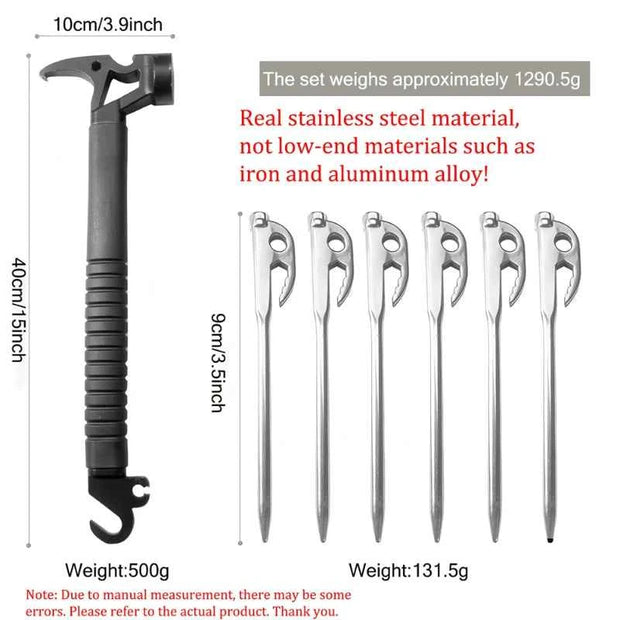 1/6/7-Piece Stainless Steel Multifunctional Camping Hammer and Tent Peg Set with Stake Puller