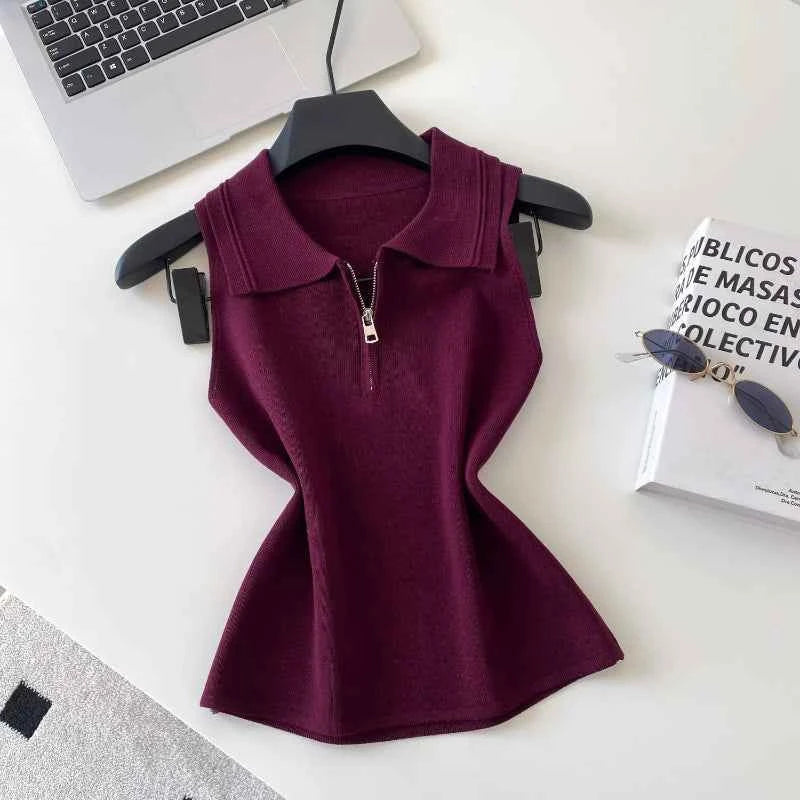 Colorful Zip-Up Collar Knit Tops by Sing Reiny