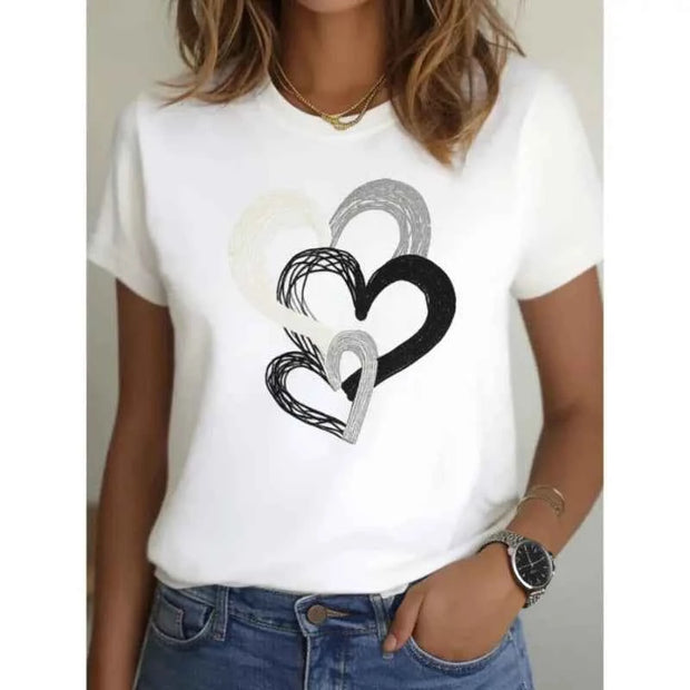 White Heart Print T-Shirt with Black, Gray, and White Design