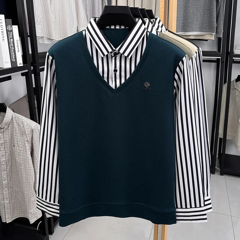 Men’s Business Casual Striped Long Sleeve Shirt with Sweater Vest – Fake Two-Piece Top