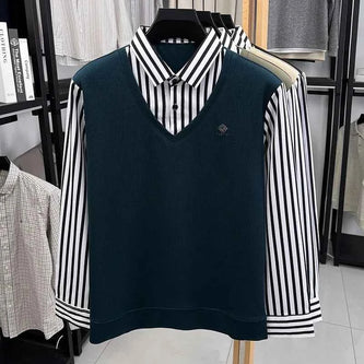 Men’s Business Casual Striped Long Sleeve Shirt with Sweater Vest – Fake Two-Piece Top