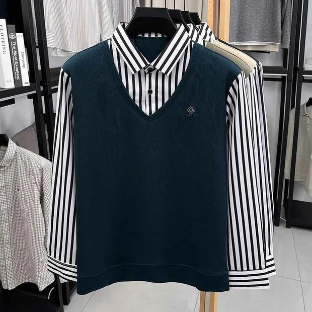 Men’s Business Casual Striped Long Sleeve Shirt with Sweater Vest – Fake Two-Piece Top