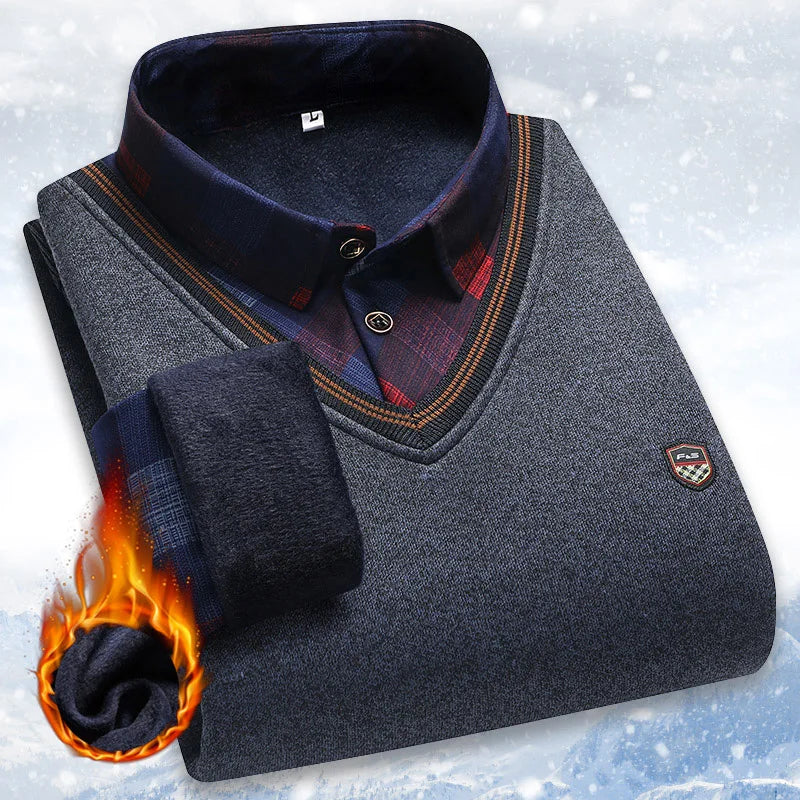 Men's Vintage Plaid Fleece Lined Polo Collar Pullover Sweater Winter Knitwear