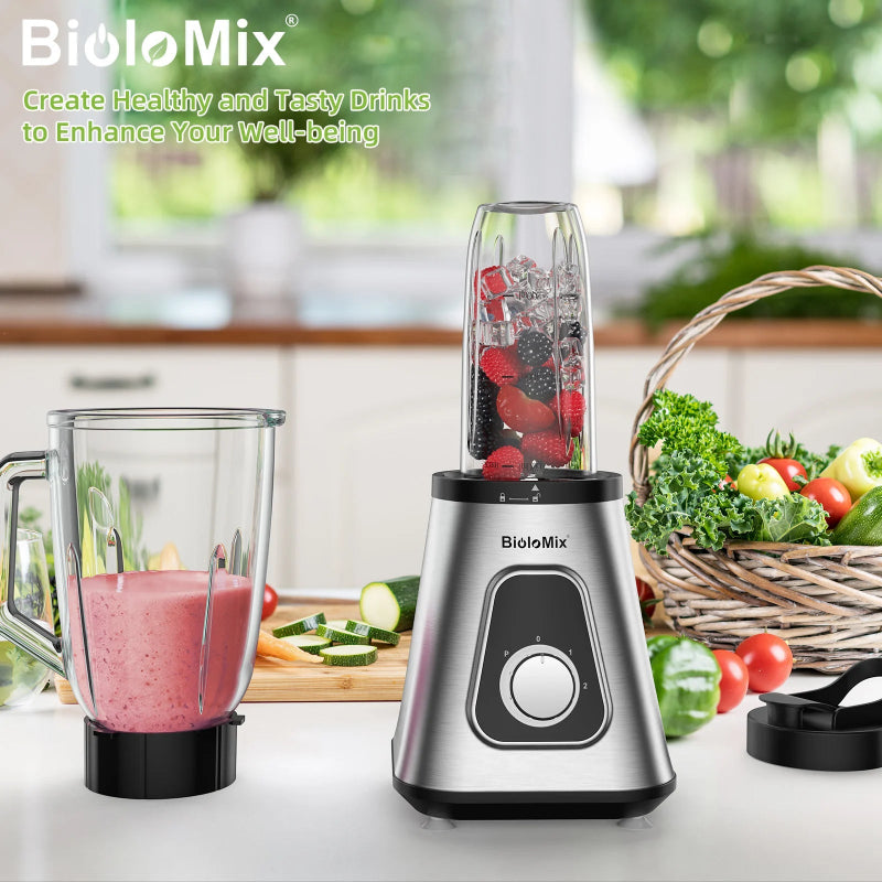 BioloMix 1300W Smoothie Maker with 1.5L Glass Jar, Personal Blending Bottle and US Plug
