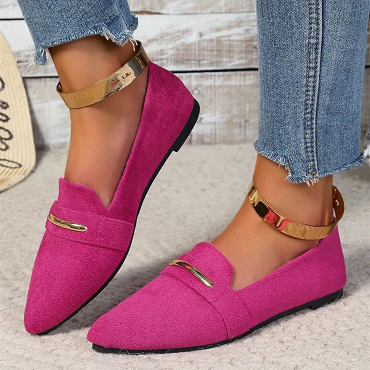 Women’s Pointed Toe Flat Shoes with Gold-Tone Ankle Strap & Metal Bar Detail