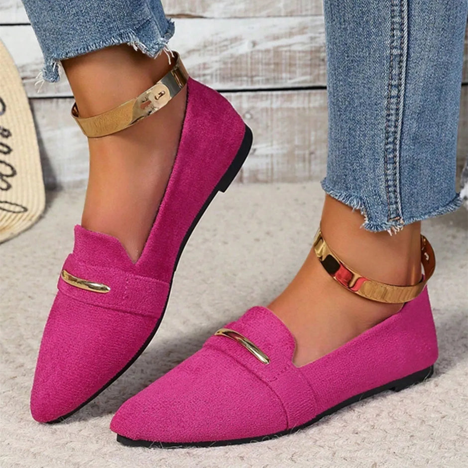 Women’s Pointed Toe Flat Shoes with Gold-Tone Ankle Strap & Metal Bar Detail