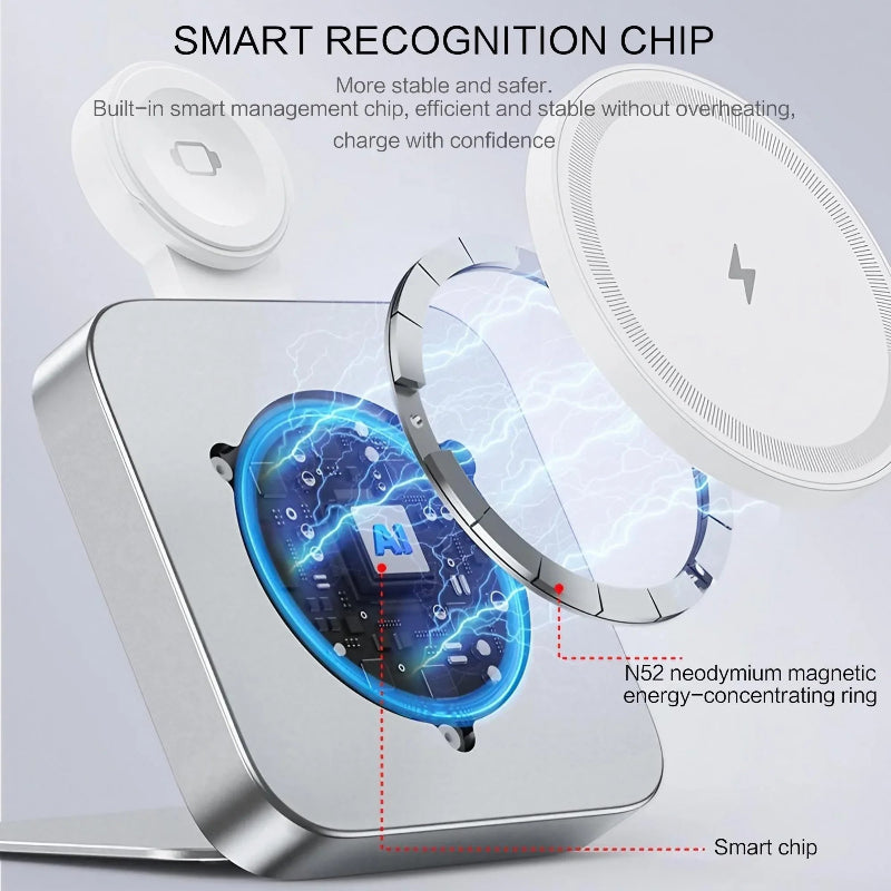 15W Magnetic Wireless Charger 2-in-1 – Foldable Fast Charging Phone Stand with Portable Aluminum Design