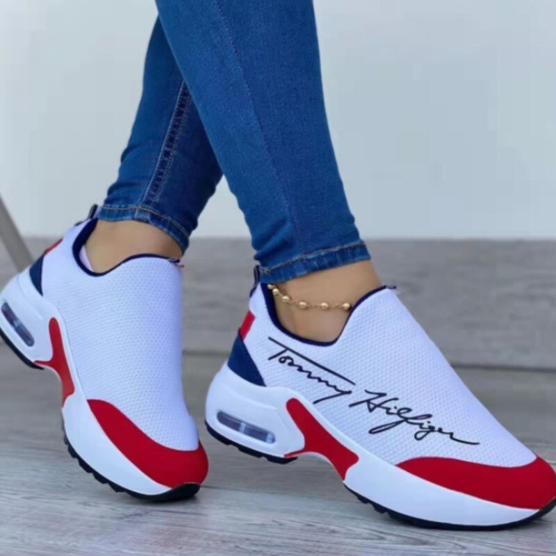 Tommy Hilfiger Slip-On Sneakers with Red, White, and Black Design