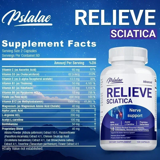 Pslalae RELIEVE SCIATICA Nerve Support Supplement – 120 Capsules for Pain Relief