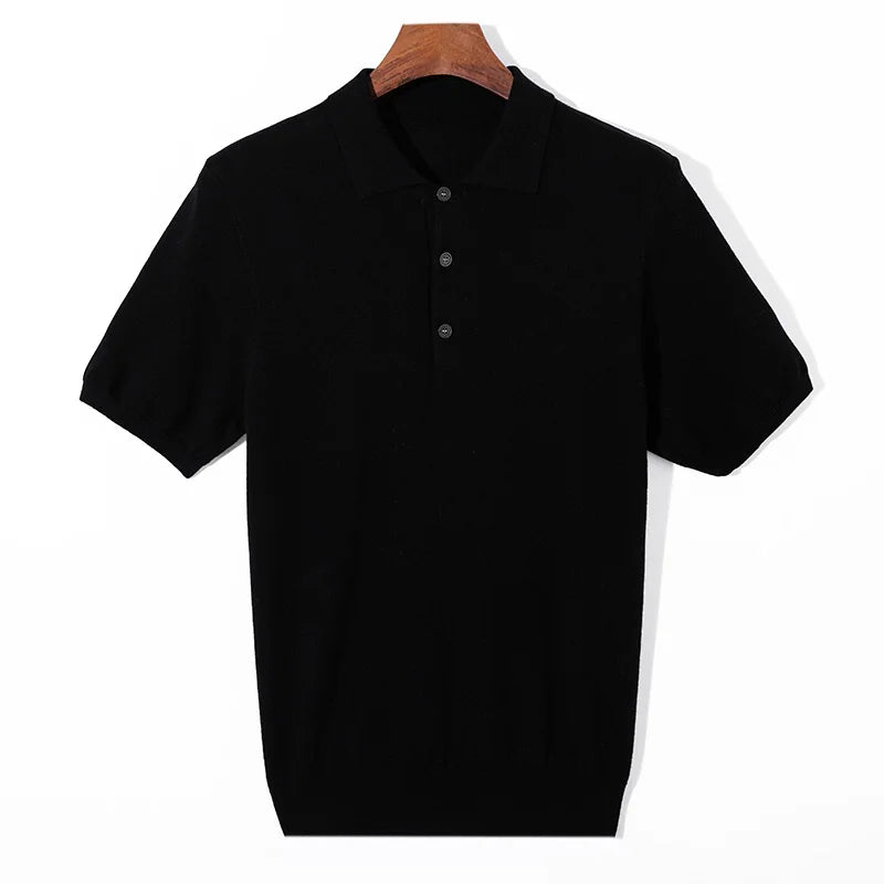 Men’s Short-Sleeve Knit Polo Sweater with Button Placket and Ribbed Hem