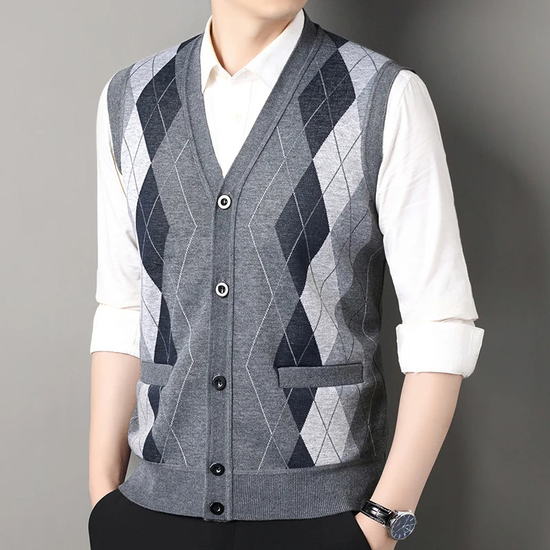 Men’s Knitted V-Neck Button-Up Sweater Vest Cardigan with Pockets