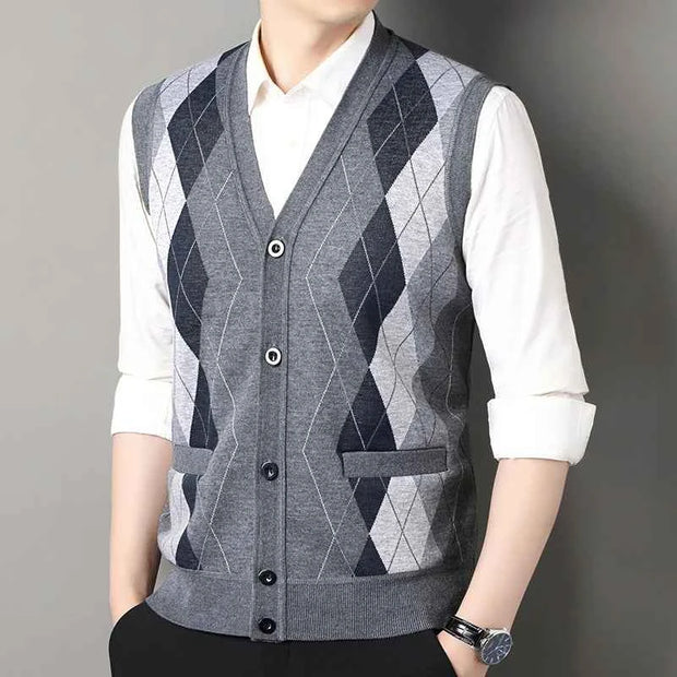 Men’s Knitted V-Neck Button-Up Sweater Vest Cardigan with Pockets