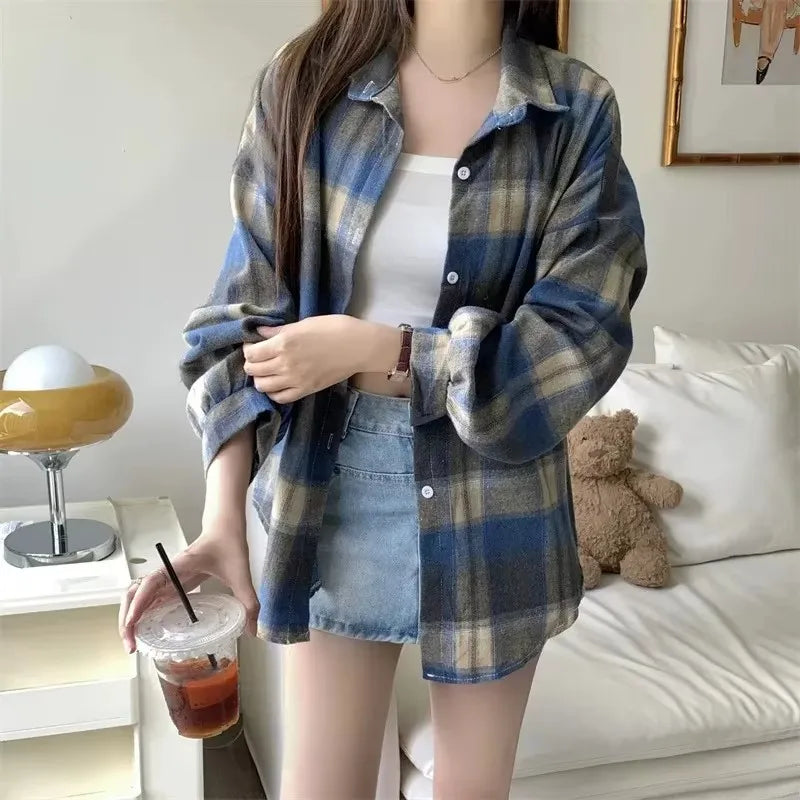Women's Plaid Button-Up Shirt – Long Sleeve Loose Fit Casual Blouse