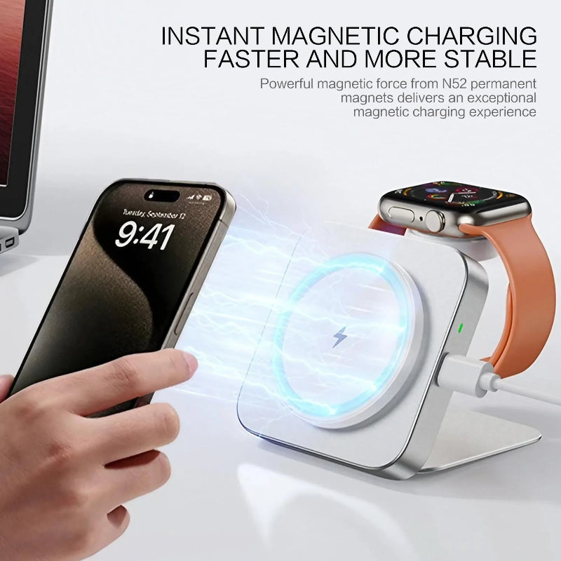 15W Magnetic Wireless Charger 2-in-1 – Foldable Fast Charging Phone Stand with Portable Aluminum Design