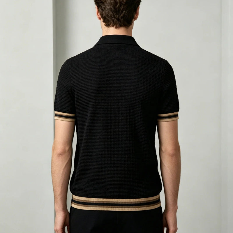 Men’s Black Textured Short-Sleeve Polo Shirt with Striped Trim
