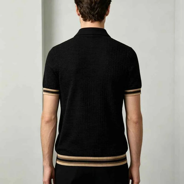 Men’s Black Textured Short-Sleeve Polo Shirt with Striped Trim
