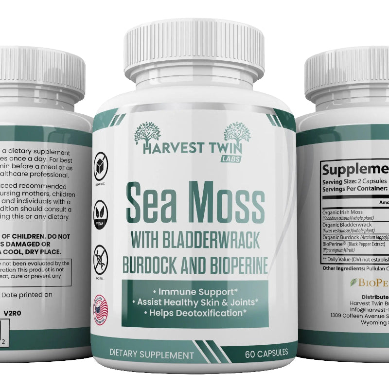 Harvest Twin Sea Moss with Bladderwrack, Burdock, and Bioperine – 60 Capsules
