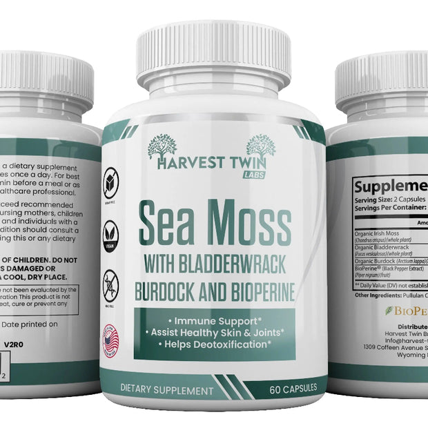 Harvest Twin Sea Moss with Bladderwrack, Burdock, and Bioperine – 60 Capsules