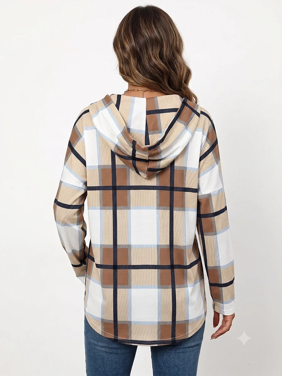 Women's Plus Size Plaid Hooded Tunic – Long Sleeve Drawstring Pullover Top