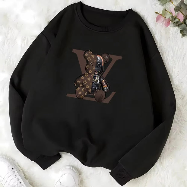 LV Teddy Bear Graphic Crew Neck Pullover Sweatshirt – Black & White