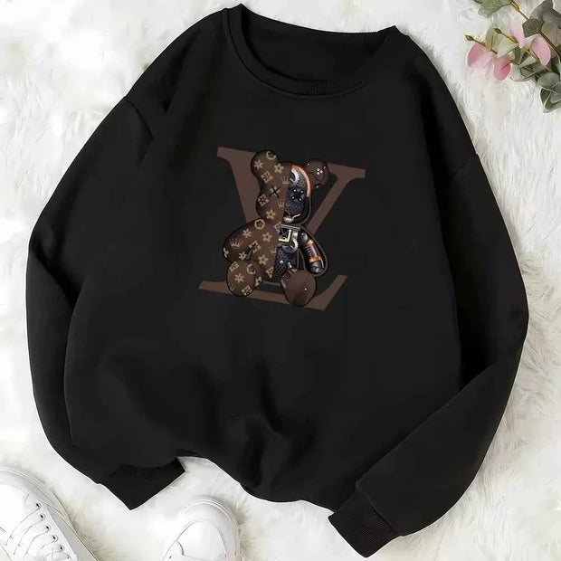 LV Teddy Bear Graphic Crew Neck Pullover Sweatshirt – Black & White