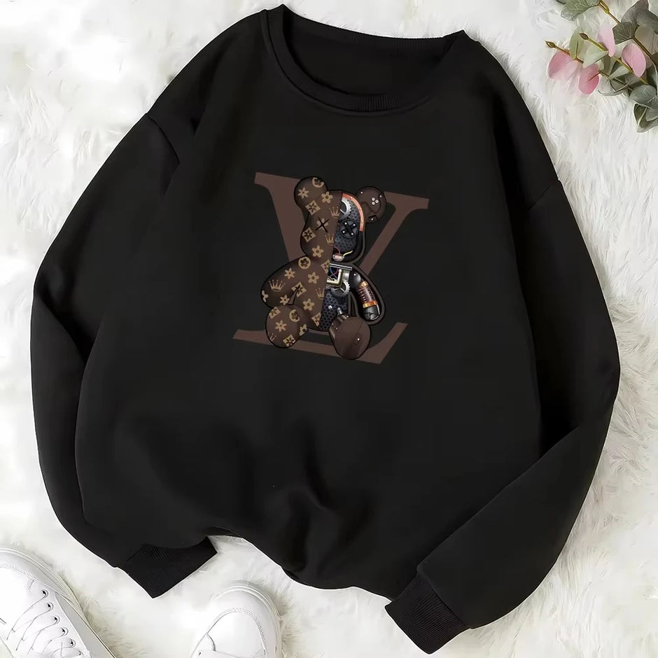 LV Teddy Bear Graphic Crew Neck Pullover Sweatshirt – Black & White
