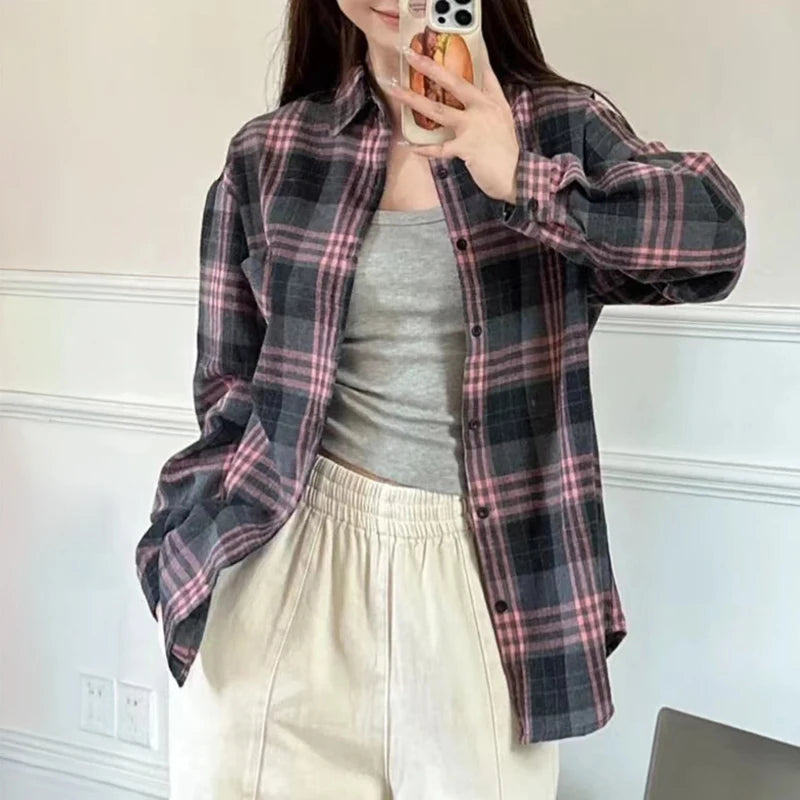 Women's Plaid Button-Up Shirt – Long Sleeve Loose Fit Casual Blouse