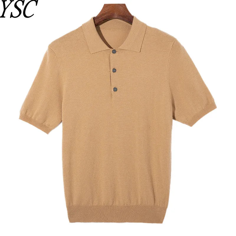 Men’s Short-Sleeve Knit Polo Sweater with Button Placket and Ribbed Hem