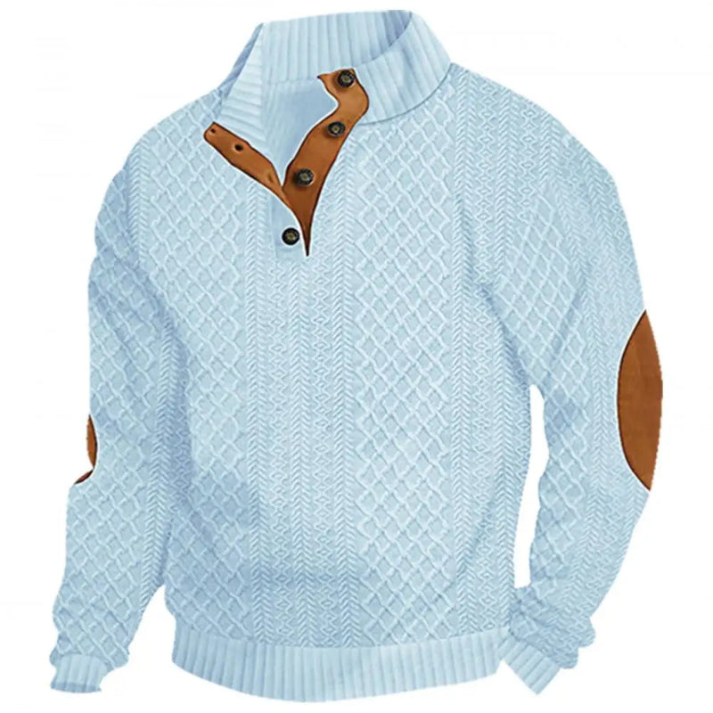 2026 Men’s Casual Jacquard Knit Pullover Sweater with Standing Collar and Elbow Patches
