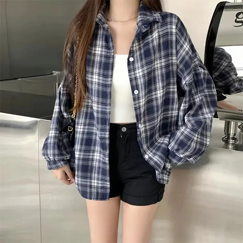 Women's Plaid Button-Up Shirt – Long Sleeve Loose Fit Casual Blouse