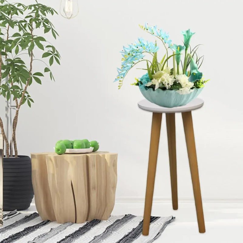 Wooden Round 3-Leg Flower Stand – White Top Plant Display Table in Two Sizes