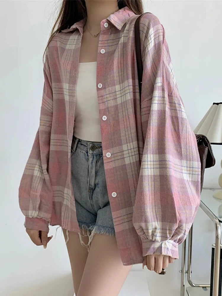Women's Plaid Button-Up Shirt – Long Sleeve Loose Fit Casual Blouse