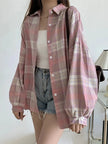 Women's Plaid Button-Up Shirt – Long Sleeve Loose Fit Casual Blouse