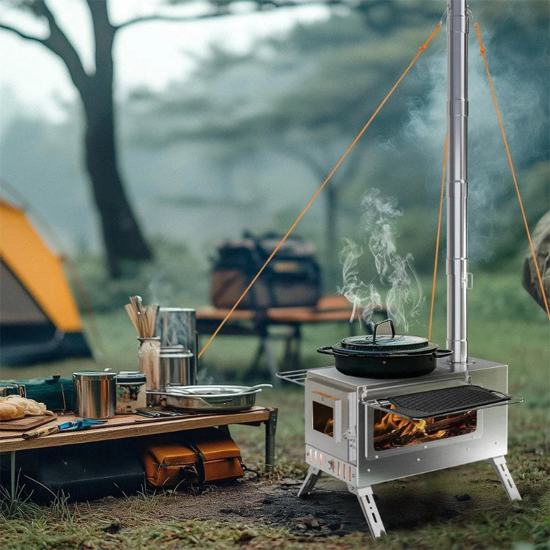 UNHO Hot Tent Wood Burning Stove Portable Camping Stove with 6 Stainless Steel Chimney Pipes for Outdoor Heating & Cooking