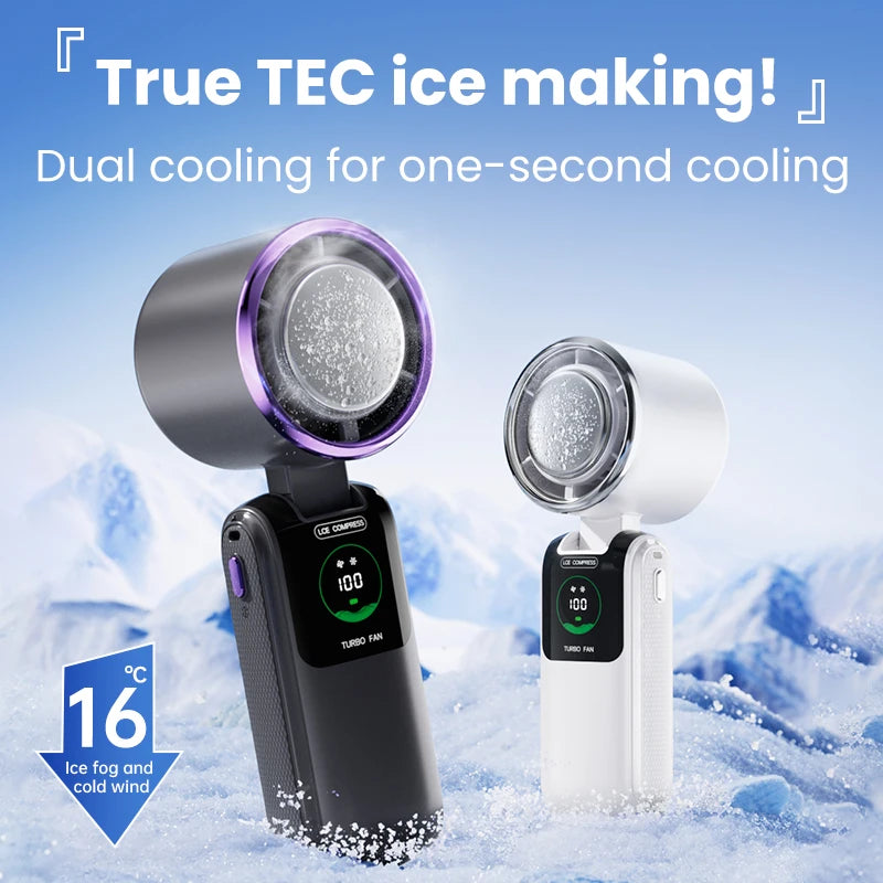 100-Speed Folding Handheld Cooling Fan with TEC Ice Cooling, LED Display & Neck-Hanging Design
