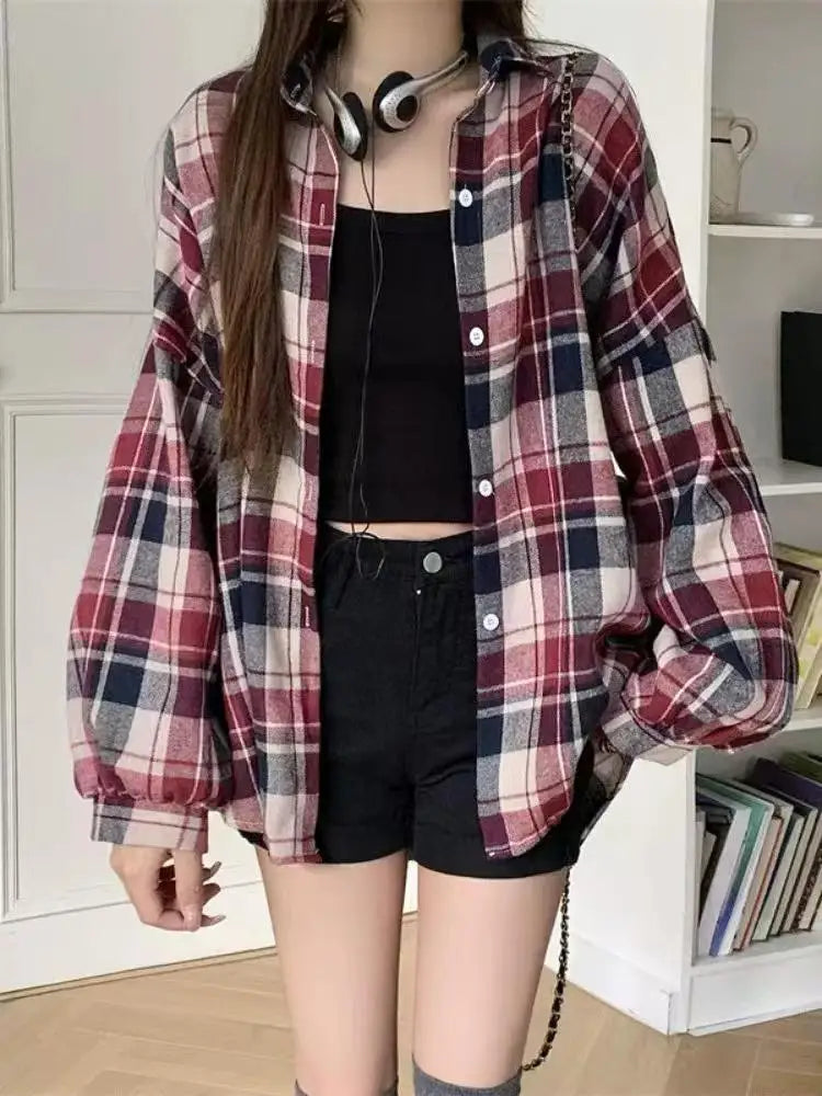 Women's Plaid Button-Up Shirt – Long Sleeve Loose Fit Casual Blouse