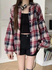 Women's Plaid Button-Up Shirt – Long Sleeve Loose Fit Casual Blouse