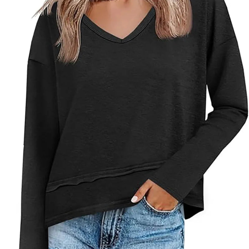 Women's V-Neck Long Sleeve Crop Top – Loose Fit Raw Hem Casual T-Shirt