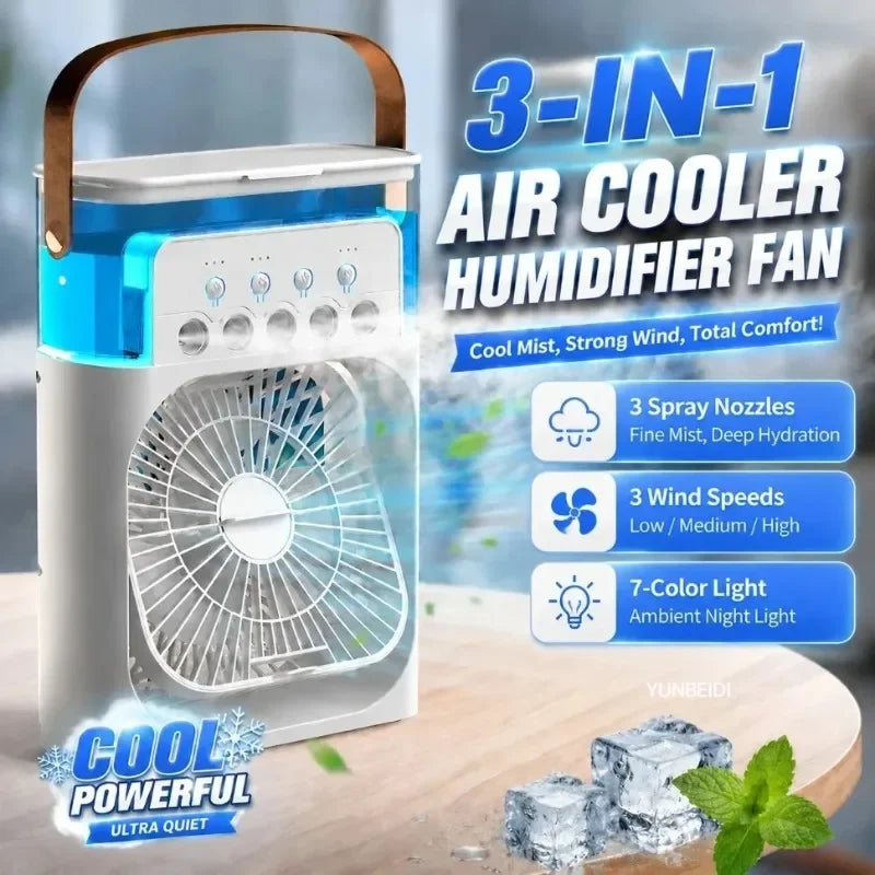 3-in-1 Portable Air Cooler Humidifier Fan with 600ml Water Tank, 3 Speeds & 7-Color Light
