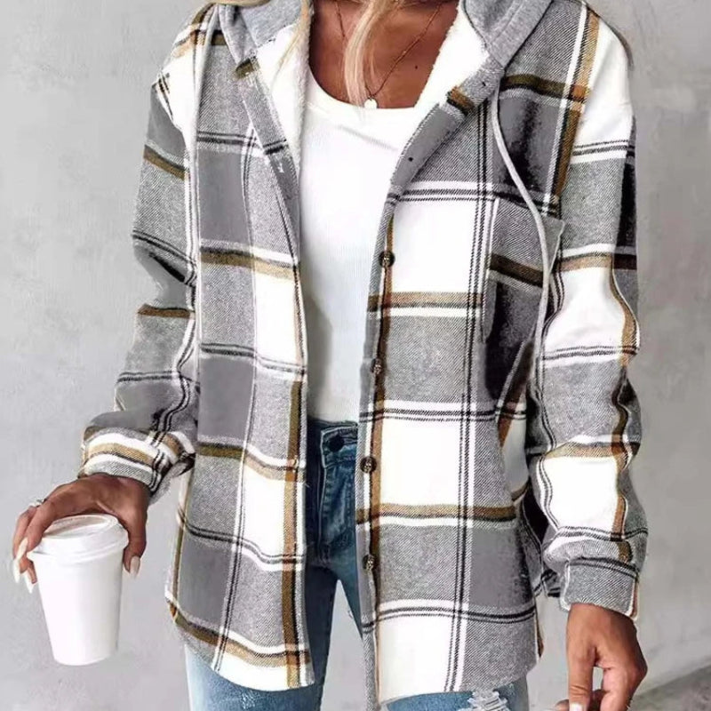 Women's Plaid Hooded Jacket – Long Sleeve Button-Up Casual Coat