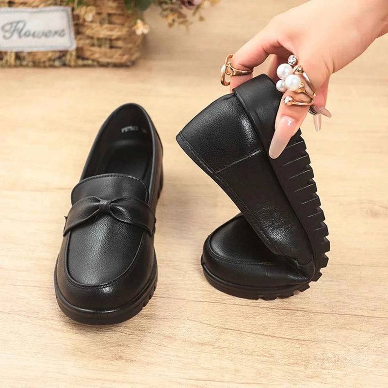 Women's Bow Detail Leather Flat Shoes - Slip On Casual Loafers with Non-Slip Sole
