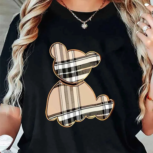 Cute Teddy Bear Graphic T-shirt – Stylish Casual Wear for Women | Black, White & Grey